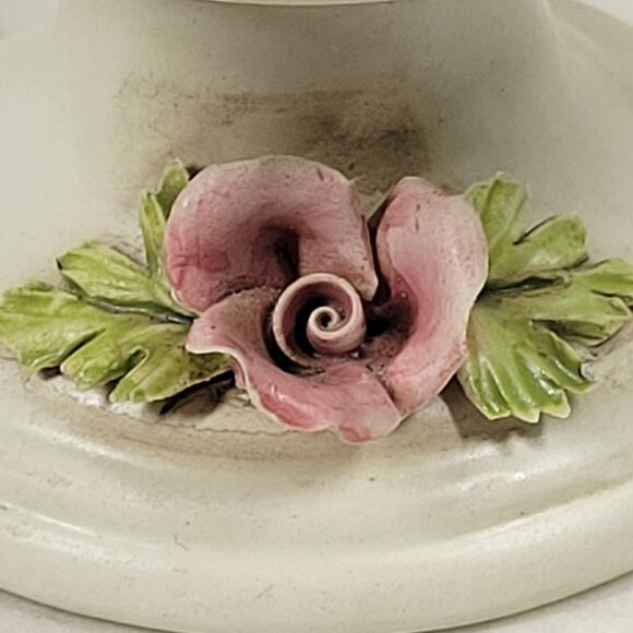 Vintage Capodimonte Pedestal Bowl 4.25" Pink Flower Woven Porcelain Basket - Picture 12 of 16